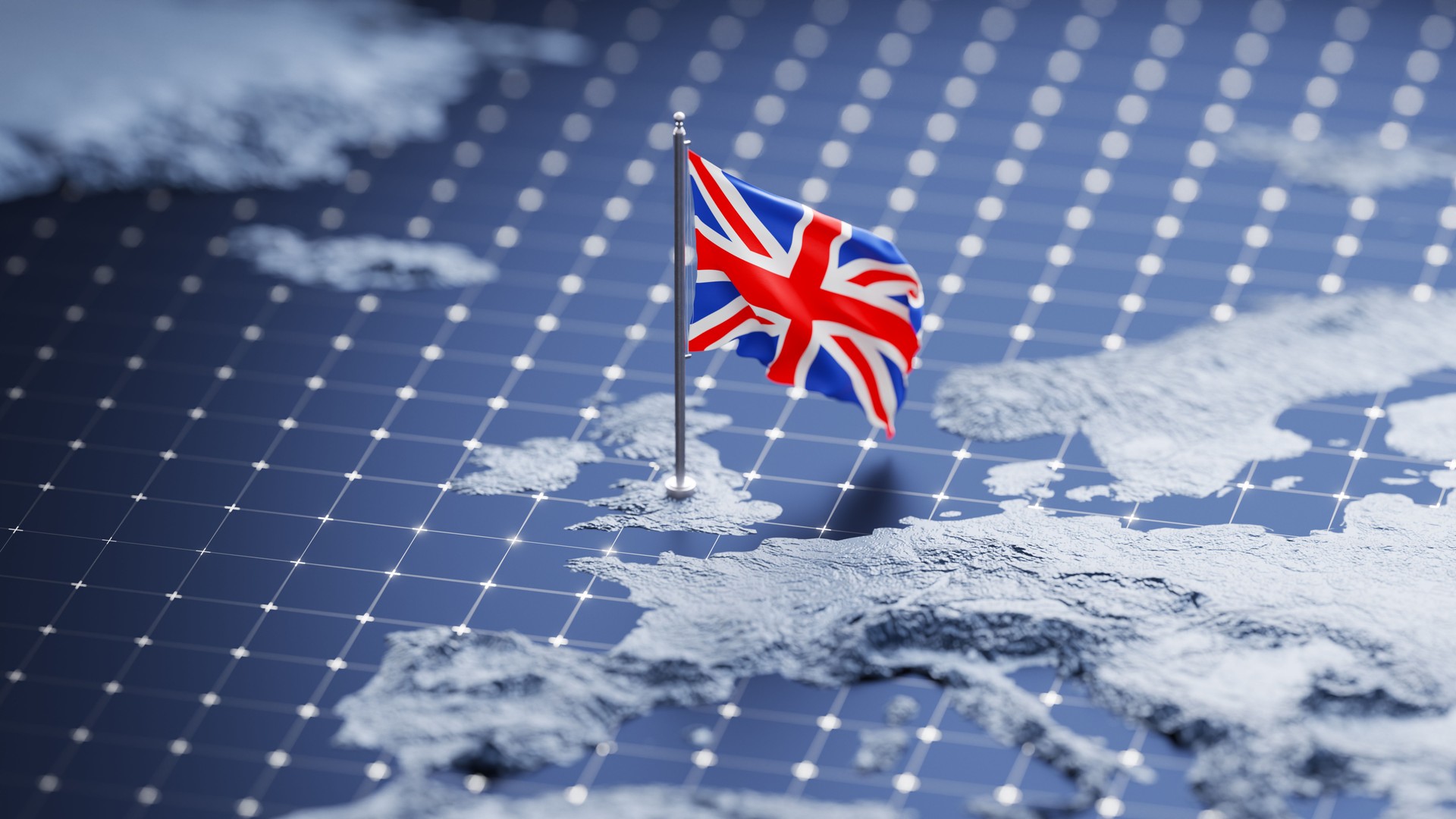 Flag of United Kingdom waving on pole on the 3d topographic map surface and abstract background with a grid